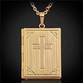 OgaVa U7 Vintage Cross Bible Photo Locket Pendant Floating Lockets 18K Gold Platinum Plated Necklace For Men Women