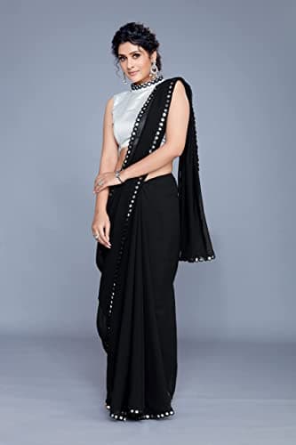 Sourbh Mirchi Fashion Women's Plastic Mirror Border Indian Saree with Un-stitched Blouse