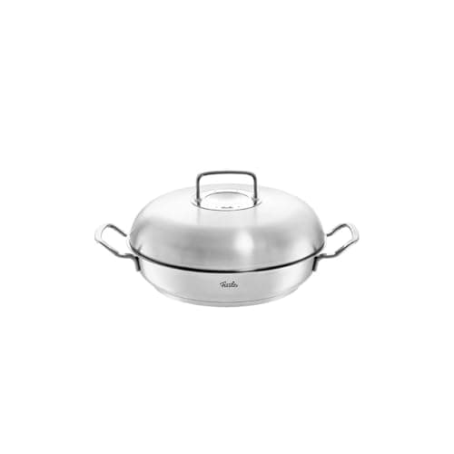 Fissler Original-Profi Collection Stainless Steel Serving Pan Diameter 28 cm 3.0 litres Round Roasting Pan with High Lid High Rim Uncoated Induction, Silver, 084-388-28-000/0