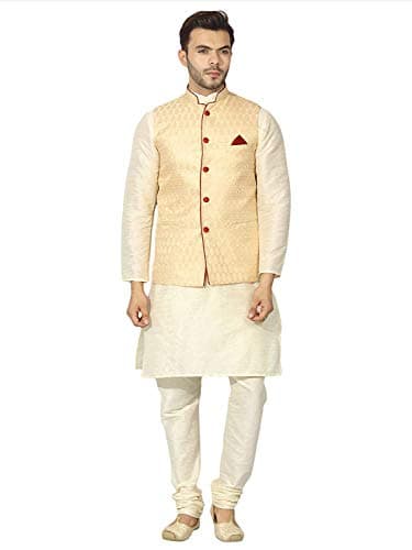Uri and MacKenzie Men's Silk Blend Regular Kurta Churidar Pyjama with Bundi Nehru Jacket/Waistcoat