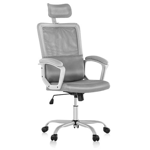 OLIXIS Ergonomic High Back Office Chair – Breathable Mesh with Adjustable Headrest and Lumbar Support, Executive Padded Armrest, Height Computer Task Swivel Rolling, Grey (WY56597GY)