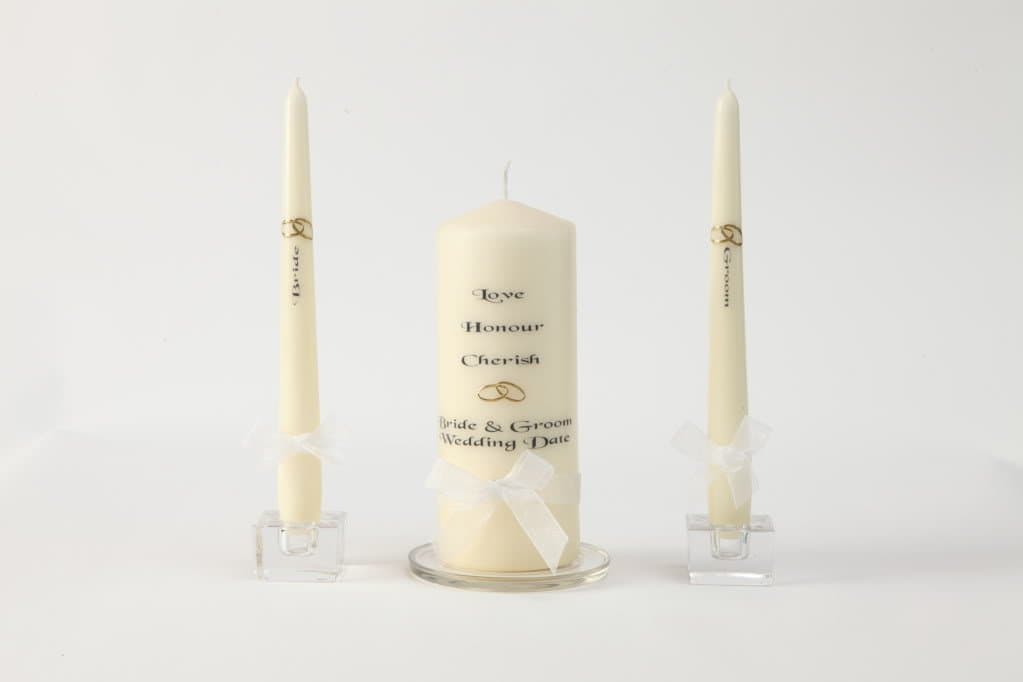 Personalised Unity Candle Set Love Honour Cherish For Wedding (Ivory/Silver Rings)