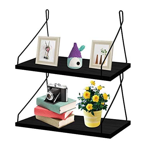 MONOLED Floating Shelves, Wall Mounted Floating Shelves, Set of 2, Rustic Metal Wire Floating Wood Shelf Storage Rack for Living Room Bedroom Bathroom Kitchen School Office (Black)