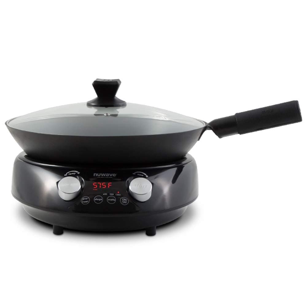 Nuwave Mosaic Induction Wok, Accurate Temperature Control from 100 Degrees F to 800 F, Wok Hey, Complex Burnt Aroma & Flavor, 3 Watt 600, 900, 1500, Genuine 14" Carbon Steel Wok, Black