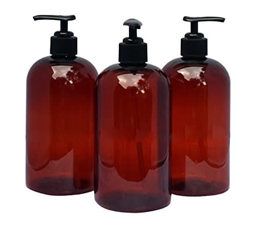 SanDaveVA Brand 16oz Plastic Bottle Amber PET Round Bottles Black Lotion Pumps 3/pk with Kraft Labels