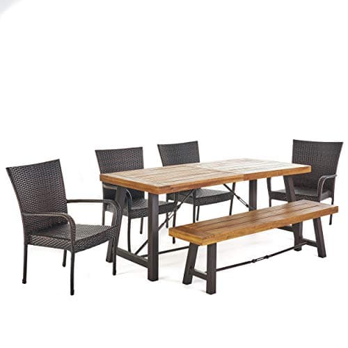 Christopher Knight HomeSalla Outdoor Acacia Wood Dining Set with Wicker Stacking Chairs, 6-Pcs Set, Teak Finish / Rustic Metal / Multibrown