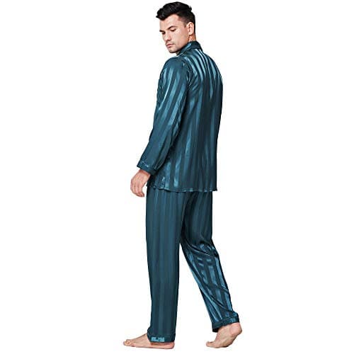 Lonxu Pajamas Set Mens Silk Satin Pajamas Long Sleeve Loungewear Two-Piece Sleepwear Button-Down Pj Set S-XXXXL