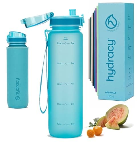 Hydracy Water Bottle with Time Marker -Large 1 Litre BPA Free Water Bottle & No Sweat Sleeve -Leak Proof Gym Bottle with Fruit Infuser Strainer & Times to Drink -Ideal for Fitness Sport & Outdoor