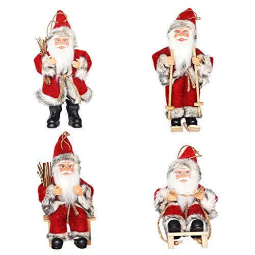 CHENGMON Christmas Santa Claus Ornaments Decorations Tree Hanging Figurines Collection Doll Pendant Small Traditional Holding Home Decors Set of 4 Pcs Assortment Pack 6" Inch (Red Black)