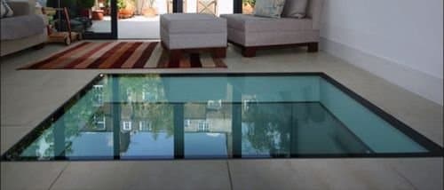Toughened Laminated 33mm Walk On Glass Clear Glass Finish With No Painted Glass Borders – Bespoke Custom Cut to Size On Walk On Glass Floor Panels With Anti Slip Sandblasted Glass, Opaque or Frosted Glass Finish Also Available