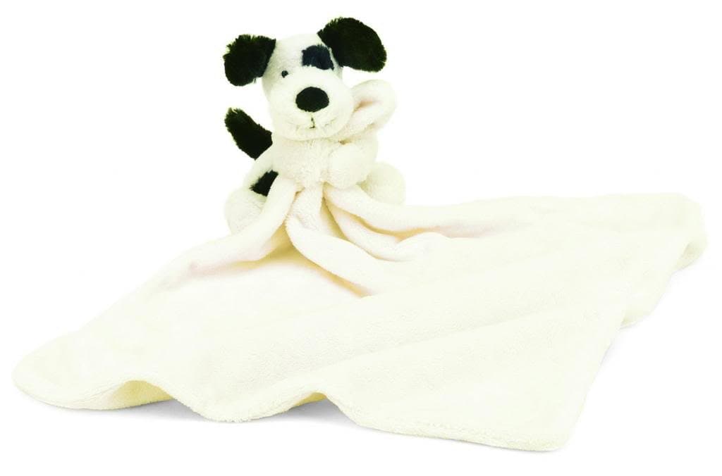 Bashful Black and Cream Puppy Soother Stuffed Animal, 13.5 inches- Security Blanket & Lovey for Babies - Baby Gift