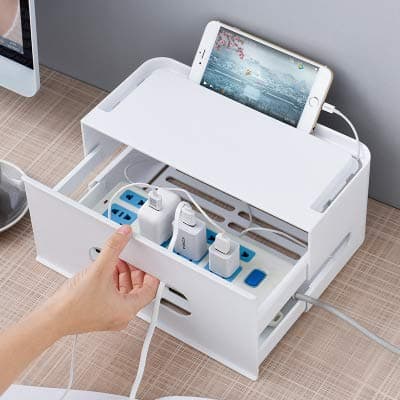 Manava Desk Cable Cord Storage Organizer Cable Management Box Power Strip Cover with Phone Tablet Holder Stand Hide Cable Box for Home Office Desktop Entertainment Center