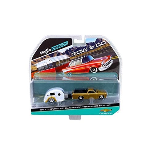Maisto New 1:64 Tow & GO Collection - Gold 1967 Chevrolet EL Camino and White Traveler Trailer Diecast Model Car
