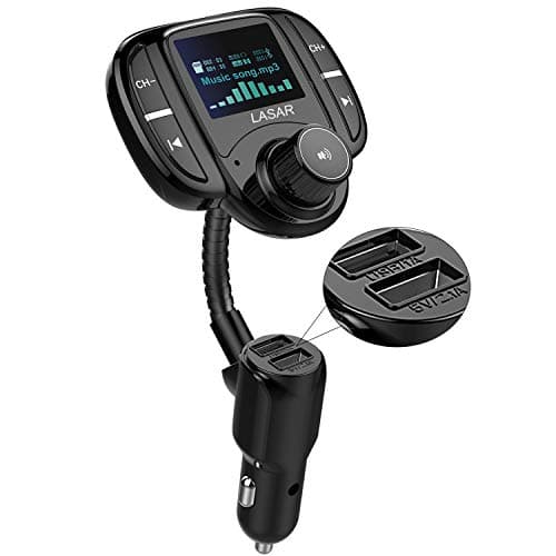 LASAR Bluetooth FM Transmitter,Wireless Radio Adapter Hands-Free Calling Car Kit QC3.0 and Smart Dual USB Port W 1.7” Display, Support USB Drive,AUX Input/Output, TF Card MP3 Player