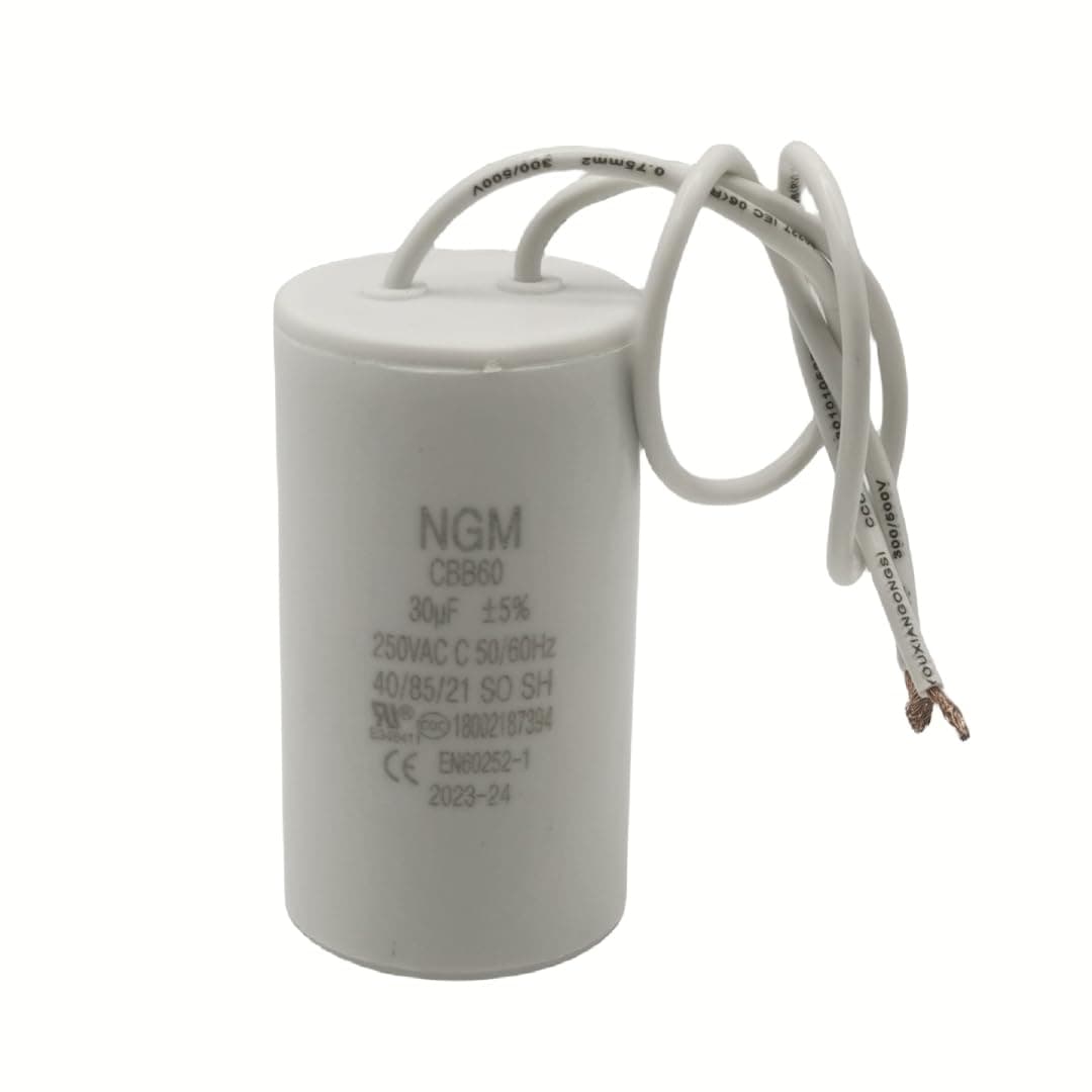 30UF MFD CBB60 Motor Run Capacitor 250VAC Volts Round Cylinder 2 Wires, Metallized Polypropylene Film Capacitor for Motor Run, Air Conditioners, Washing Machines and Water Pumps