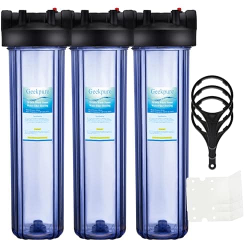 Geekpure 20 Inch Clear Whole House Water Filter Housing with Wrench Bracket -4.5" x 20" - 1" NPT Brass Port -Pack of 3