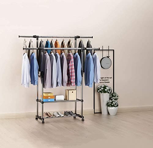Dporticus Double Rods Adjustable Clothing Garment Rack with 2 Tier Shoe Racks, Strainless Steel Storage Organizer, Coat Hanger with Wheels