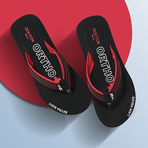 Doctor Walk Soft Comfort Flip Flops, Black and Red, Cushioned Thong Sandals Slipper for Women's