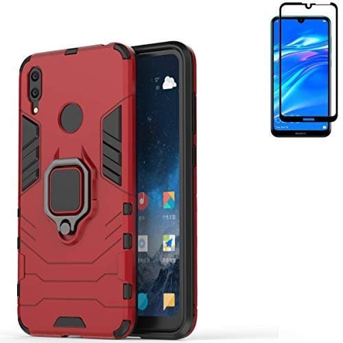 for Huawei Y7 2019 Case,Hybrid Heavy Duty Shockproof Armor Dual Layer Protection Defender Back Case Cover for Huawei Y7 2019 Tempered Glass Screen Protector (Black) (Red)