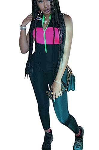 Bluewolfsea Women Sexy Front Zipper Color Block Sleeveless Bodycon One Piece Sports Jumpsuit Rompers Small Rose