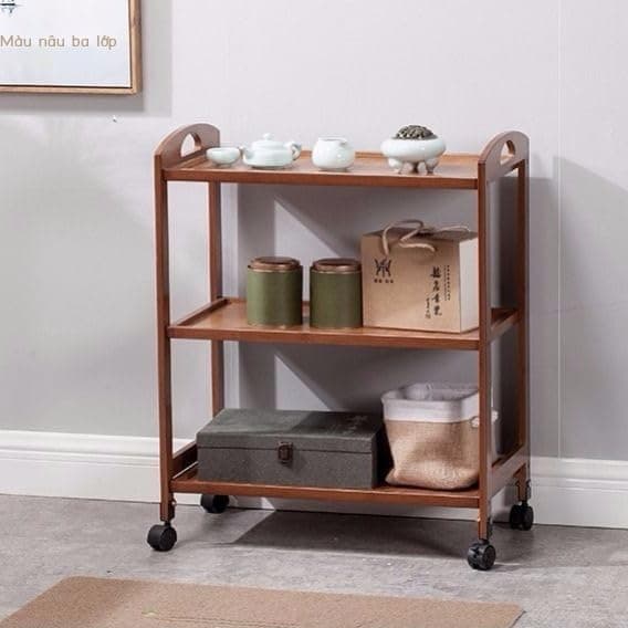 Makeup Toy Bamboo 4-Tier and 3-Tier Kitchen Serving Cart Kitchen Storage Rack Serving Trolley Bamboo Kitchen Trolly Food Serving Cart Wooden Kitchen Cart with Wheels Bar Serving Carts (3 Floor)