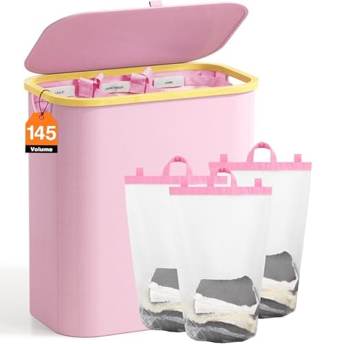 Hampers for Laundry Basket with Lid, 145L Extra Large 3 Section Clothes Divided Organizer for Bedroom, Laundry Room, Dirty Clothing Hamper, Pink