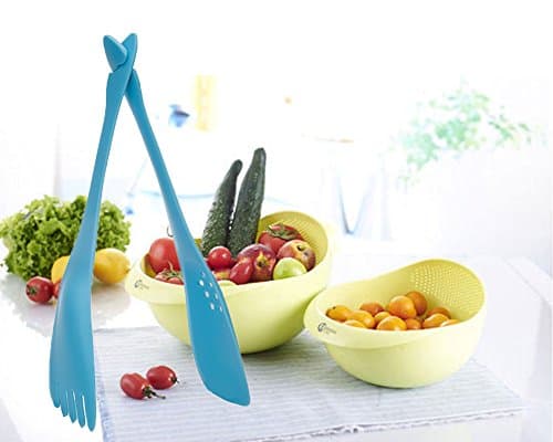 Doopo 6-in-1 12" Non-stick Multi-functional Nylon Kitchen Utensils Set - Slotted Spoon,Turner,Cutting,Solid Spoon, Tongs, Fork (2 pcs set) (Blue)