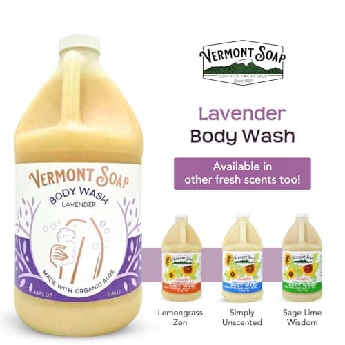 VERMONT SOAP Natural Body Wash with Shea Butter, Mild Gel Body Wash for Moisturizing and Soothing Skin, Fragrance Free Body Wash for Women & Men (Lavender, 64oz)