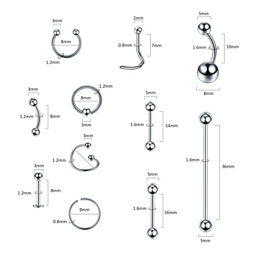 Oveta 55PCS Piercing Kit 14G 16G 20G Stainless Steel Navel Belly Eyebrow Piercing Tongue Industrial Barbell Lip Nostril Nose Ring Hoop Professional Piercing Kits