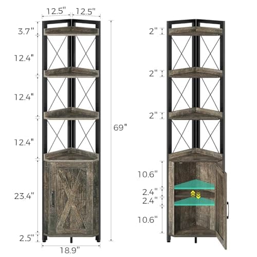 Rolanstar Corner Shelf with Doors, 6 Tier Bookshelf, Freestanding Storage Stand for Bathroom, Kitchen, Living Room, Grey