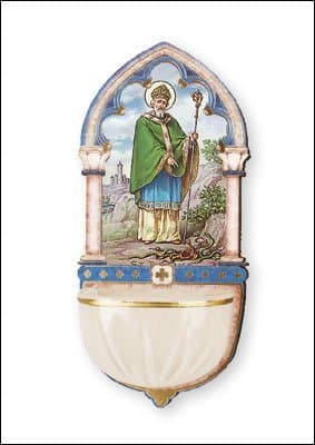 Catholic Gifts - Luminous Saint Patrick Holy Water Font with Gold Foil Highlights.