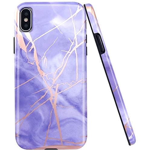 JAHOLAN Compatible iPhone X Case iPhone Xs Shiny Rose Gold Purple Marble Design Black Bumper Glossy TPU Soft Rubber Silicone Cover Phone Case