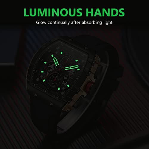 AIMES Luxury Skeleton Watch Men Waterproof Adjustable Silicone Strap Steampunk Style Chronograph Calendar Date Luminous Business Large Square Dial
