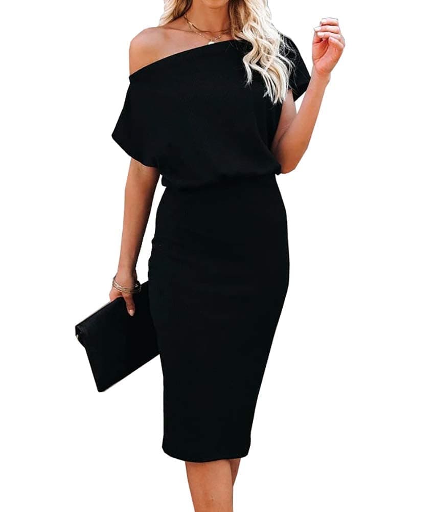 CUPSHEMidi Dress Short Sleeve Off Shoulder Underneath Party Dress for Women Bodycon Dress