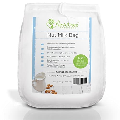 Lovetree Products Nut Milk Bag, Inc Free Recipe E-Book - Professional Filter for Almond, Coconut, Greek Yogurt, Soy Milk, Fruit & Veg Cheesecloth Replacement Reusable Strainer, Strong Nylon Mesh