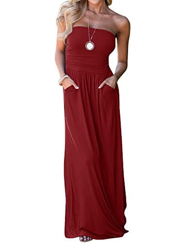 Womens Off The Shoulder Maxi Dresses Summer Strapless Bandeau Long Dress with Pockets