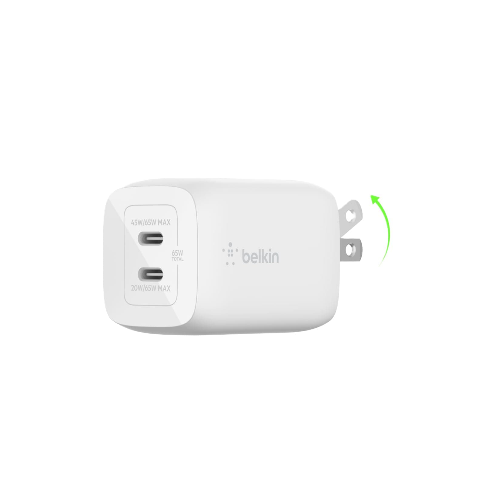 Belkin 65W Dual USB Type C Wall Charger, Fast Charging Power Delivery 3.0 with GaN Technology for iPhone 13, 12, Pro, Pro Max, Mini, iPad Pro 12.9, 11, MacBook, Galaxy S22, Plus, Ultra, Tab and More