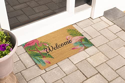 Storm Stopper – Doormat Flamingo Duo All Weather Heavy Duty Mat 100% Natural Coir Face Non-Slip Outdoor Home Décor Absorbent, Fade Resistant & Pet Friendly 18” x 28”
