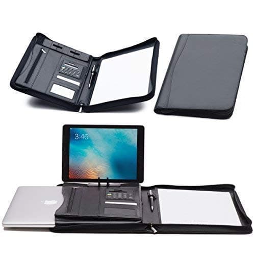 Portfolio Padfolio Folder Zippered Organizer, Leather Business Resume Folder & Case, 13 Inch Laptop Sleeve and Ipad Stand Bonus: Writing Pad, Calculator and Ballpoint Pen