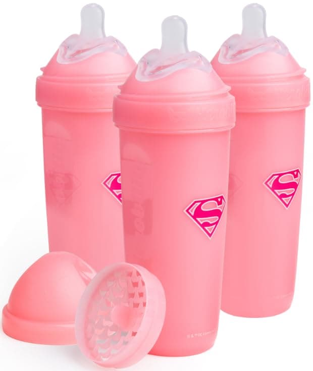 Herobility Double Anti-Colic Baby Bottles – 3-Pack (Supergirl, 12 fl oz/340ml)