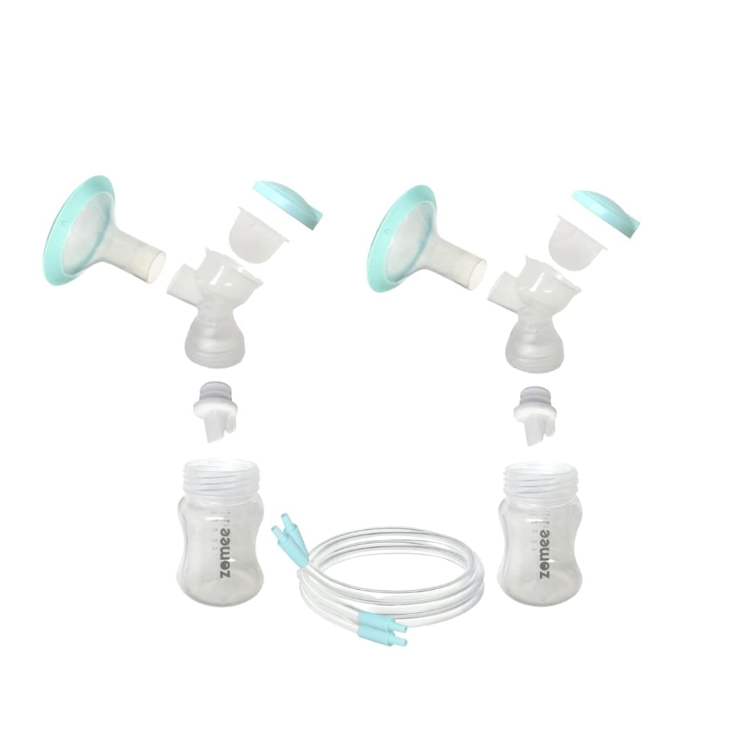 Zomee Double Breast Shield Kit Replacement Set for Z2 Size 24mm Includes; Breast Sheild Body, Diaphragms, Duckbill Valves, Tubes and Adapters & Storage Bottles