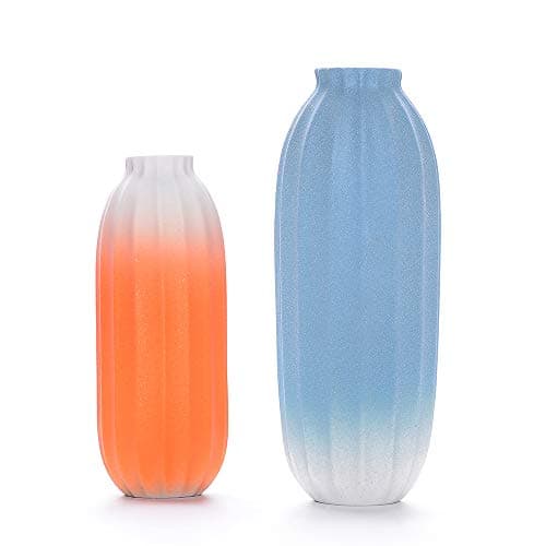 Daveinmic Set of 2 Modern Ceramic Porcelain Fluted Vases Bright Color Design Home Decoration Flower Vases(1#Blue&Orange)