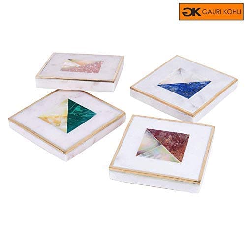 GAURI KOHLI Beautiful Brass And Marble Coasters; Embellished With Gold Inlay (Large Size | Set of 4)