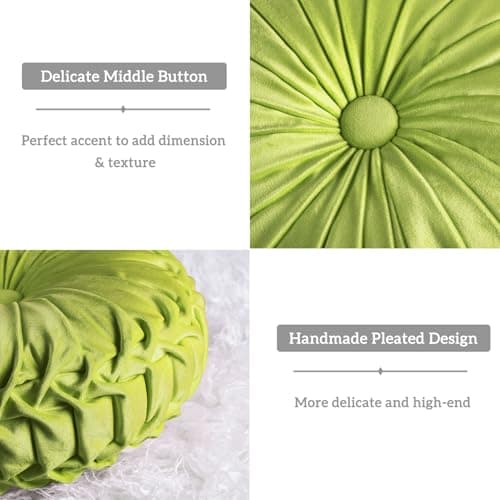 HIG Set of 2 Decorative Round Pleated Throw Pillows,Classy Accent Pumpkin Throw Pillows with Center Button,Vintage Velvet Floor Pillows for Sofa Vanity Chair Bed,Apple Green,14.5" Diameter(Ripple)