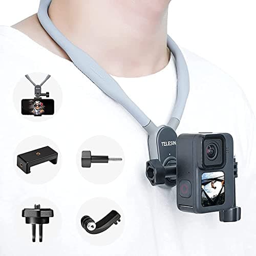TELESIN POV Neck Mount Selfie Holder with Phone Clip for GoPro Hero 13 12 11 10 9 8 Insta360 DJI Osmo Action iPhone Android, Vertical Mount Kit, Neck Strap Mount for Vlog POV Shooting Accessories