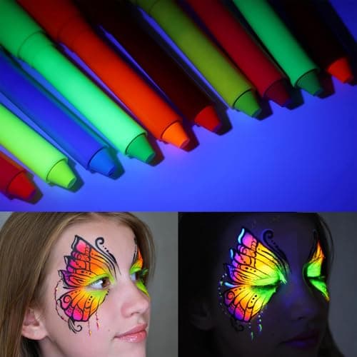 UV Neon Face & Body Paint Stick - 10 - Glow-in-the-Dark for Halloween, Parties, Raves - Safe Non-Toxic UV Reactive Makeup