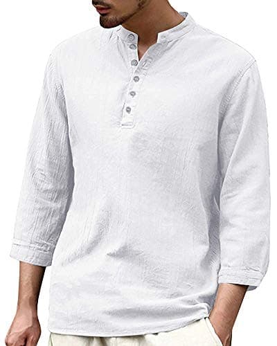 Tenkilo Mens 3/4 Sleeve Henley Shirts Banded Collar Linen Summer Beach V Neck Loose Fit Blouse T Shirt D- White