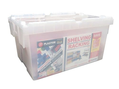 Plastor 10 x Clear Plastic 55 Litre Heavy Duty Storage Boxes (60 x 40 x 30.6cm) Transparent Crates with Attached Hinged Lids