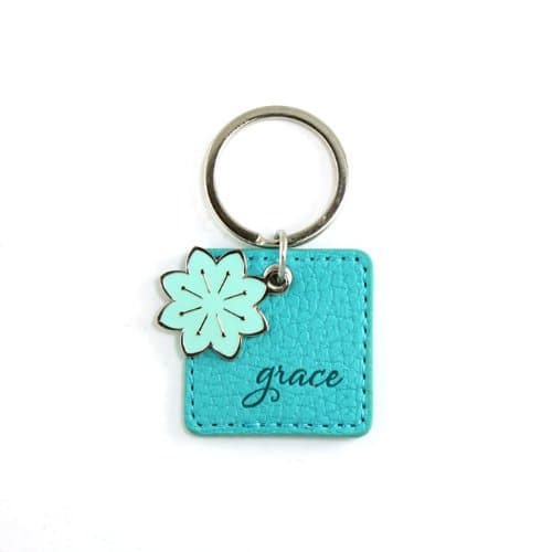 Christian Blue Rubber Grace Keychain with Flower Charm - "By Grace You Have Been Saved, Through Faith" Ephesians 2:8 - Christian Key Chain