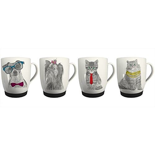 New Bone China Mugs Set of 4 Cat & Dog Design Coffee Home Kitchen Office Cups Coffee Cups Tea Cups Sketch Design Set of Mugs Party Tableware Pet Silicone Base Mugs 13oz Mugs